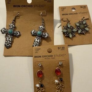 NWT 3 pair of IRON ORCHARD STUDIO PIERCED EARRINGS.
